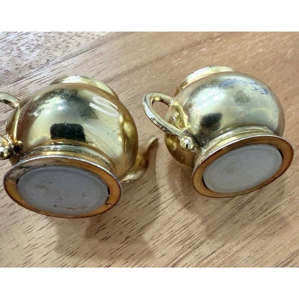 Mini Vintage Belly Teapot Salt & Pepper Shakers Gold Finish 1x2” - Picture 4 of 5